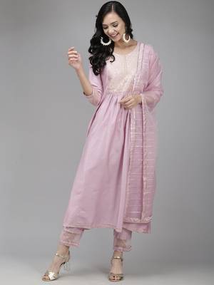 Indo Era Purple Solid A-Line Kurta Trouser With Dupatta Set 1