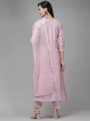 Indo Era Purple Solid A-Line Kurta Trouser With Dupatta Set 2