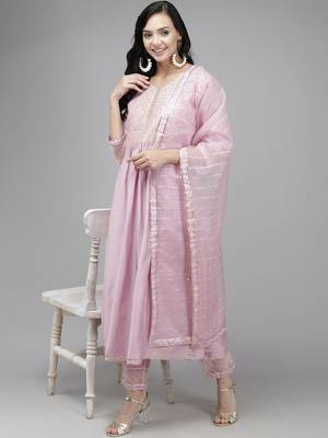Indo Era Purple Solid A-Line Kurta Trouser With Dupatta Set 4