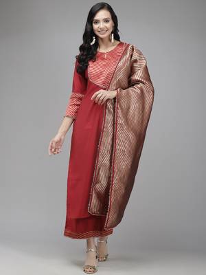 Indo Era Red Solid Straight Kurta Palazzo With Dupatta Set 1