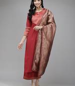 Indo Era Red Solid Straight Kurta Palazzo With Dupatta Set