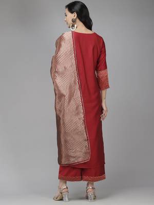 Indo Era Red Solid Straight Kurta Palazzo With Dupatta Set 2