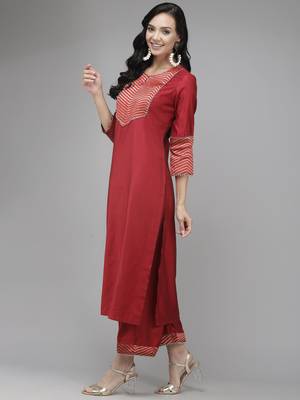 Indo Era Red Solid Straight Kurta Palazzo With Dupatta Set 3