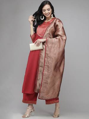 Indo Era Red Solid Straight Kurta Palazzo With Dupatta Set 4