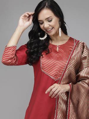 Indo Era Red Solid Straight Kurta Palazzo With Dupatta Set 5