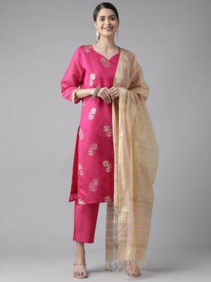 Indo Era Pink Embroidered Straight Kurta Trouser With Dupatta Set 1