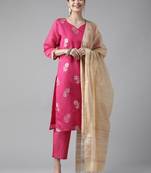 Indo Era Pink Embroidered Straight Kurta Trouser With Dupatta Set