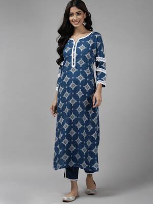 Indo Era Blue Floral Foil Printed Straight Kurta with Palazzo Set 1
