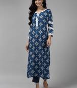 Indo Era Blue Floral Foil Printed Straight Kurta with Palazzo Set