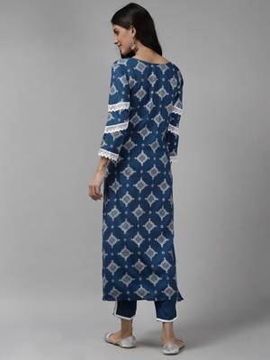 Indo Era Blue Floral Foil Printed Straight Kurta with Palazzo Set 2