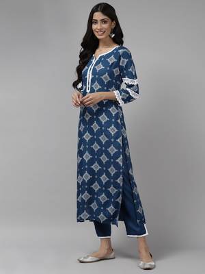 Indo Era Blue Floral Foil Printed Straight Kurta with Palazzo Set 3