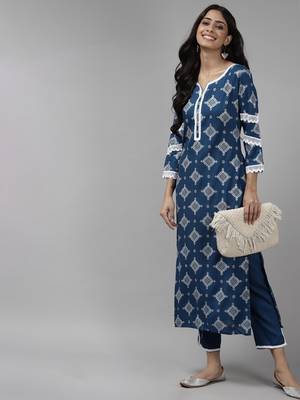 Indo Era Blue Floral Foil Printed Straight Kurta with Palazzo Set 4