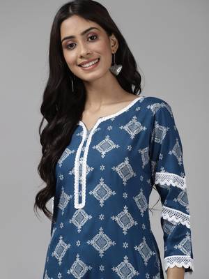 Indo Era Blue Floral Foil Printed Straight Kurta with Palazzo Set 5