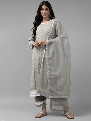 Indo Era Grey Foil Floral Printed Straight Kurta with Palazzo Set 1