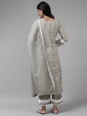 Indo Era Grey Foil Floral Printed Straight Kurta with Palazzo Set 2