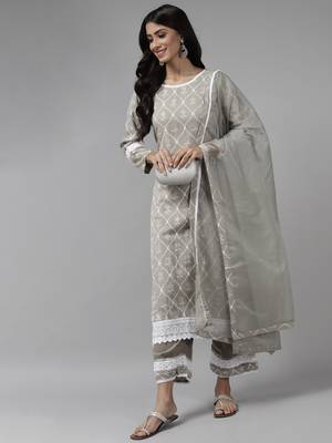 Indo Era Grey Foil Floral Printed Straight Kurta with Palazzo Set 4