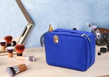atorakushon   Fabric Cosmetic Bag Makeup Pouch Jewellery Vanity Box Travel Storage Organizer Grooming Kit for Women Blue 4