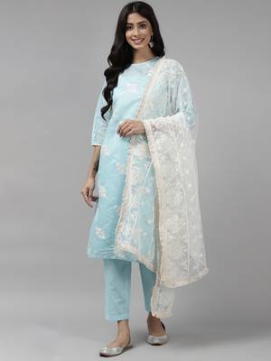 Indo Era Blue Embroidered Straight Kurta Trouser With Dupatta Set 1