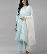 Indo Era Blue Embroidered Straight Kurta Trouser With Dupatta Set