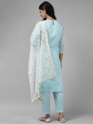 Indo Era Blue Embroidered Straight Kurta Trouser With Dupatta Set 2