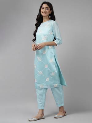 Indo Era Blue Embroidered Straight Kurta Trouser With Dupatta Set 3
