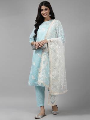 Indo Era Blue Embroidered Straight Kurta Trouser With Dupatta Set 4