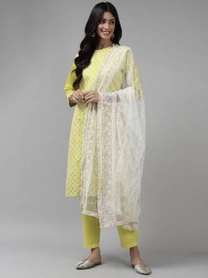 Indo Era Olive Embroidered Straight Kurta Trouser With Dupatta Set 1