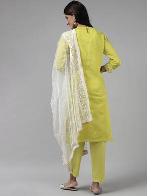 Indo Era Olive Embroidered Straight Kurta Trouser With Dupatta Set 2