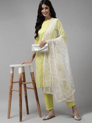 Indo Era Olive Embroidered Straight Kurta Trouser With Dupatta Set 4