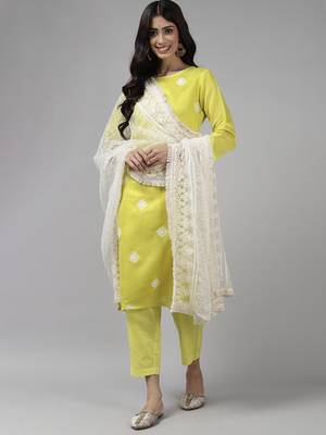 Indo Era Olive Embroidered Straight Kurta Trouser With Dupatta Set 1