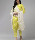 Indo Era Olive Embroidered Straight Kurta Trouser With Dupatta Set