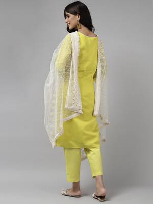 Indo Era Olive Embroidered Straight Kurta Trouser With Dupatta Set 2