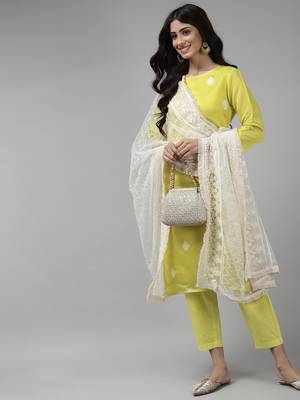 Indo Era Olive Embroidered Straight Kurta Trouser With Dupatta Set 4
