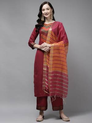 Indo Era Maroon Solid Straight Kurta Palazzo With Dupatta Set 1