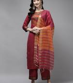 Indo Era Maroon Solid Straight Kurta Palazzo With Dupatta Set