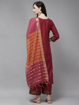 Indo Era Maroon Solid Straight Kurta Palazzo With Dupatta Set 2