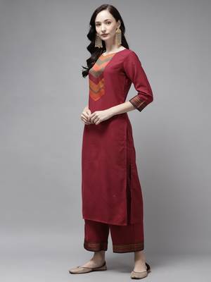 Indo Era Maroon Solid Straight Kurta Palazzo With Dupatta Set 3