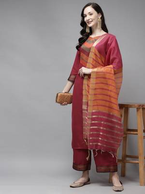 Indo Era Maroon Solid Straight Kurta Palazzo With Dupatta Set 4