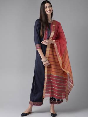 Indo Era Navy Blue Solid Straight Kurta Palazzo With Dupatta Set 1
