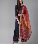 Indo Era Navy Blue Solid Straight Kurta Palazzo With Dupatta Set