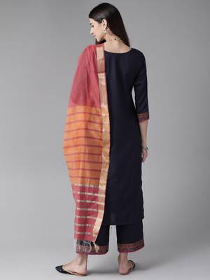 Indo Era Navy Blue Solid Straight Kurta Palazzo With Dupatta Set 2