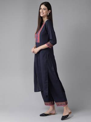 Indo Era Navy Blue Solid Straight Kurta Palazzo With Dupatta Set 3