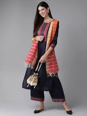 Indo Era Navy Blue Solid Straight Kurta Palazzo With Dupatta Set 4