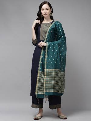 Indo Era Navy Blue Solid Straight Kurta Palazzo with Dupatta Sets 1