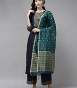 Indo Era Navy Blue Solid Straight Kurta Palazzo with Dupatta Sets