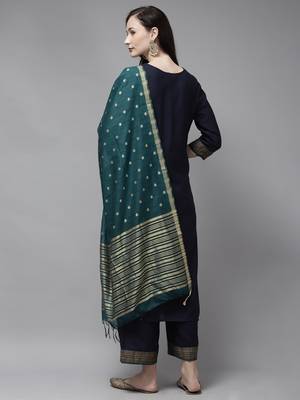 Indo Era Navy Blue Solid Straight Kurta Palazzo with Dupatta Sets 2