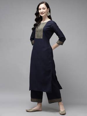 Indo Era Navy Blue Solid Straight Kurta Palazzo with Dupatta Sets 3