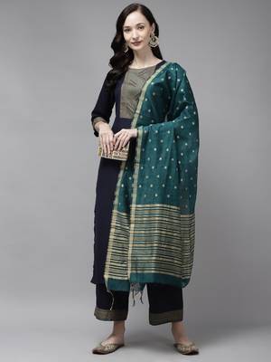 Indo Era Navy Blue Solid Straight Kurta Palazzo with Dupatta Sets 4
