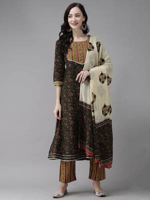 Indo Era Green Printed A-line Kurta Trouser With Dupatta Set 1