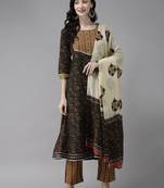 Indo Era Green Printed A-line Kurta Trouser With Dupatta Set